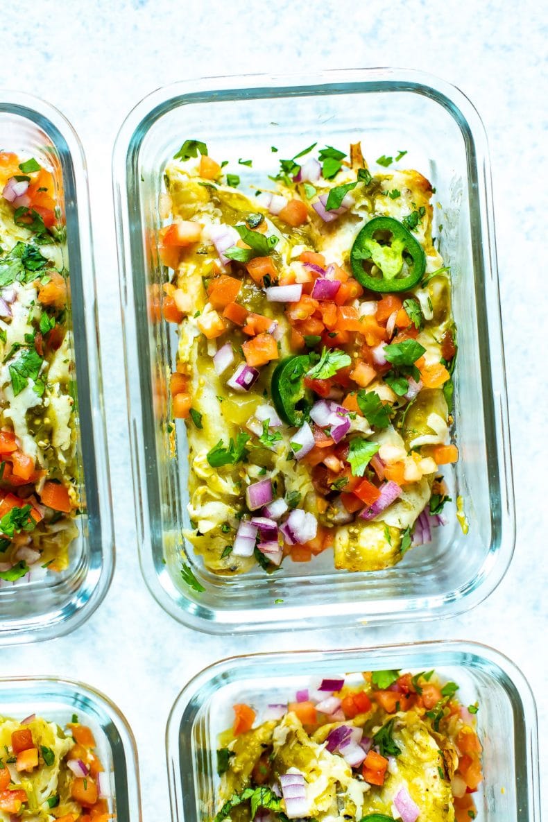 Meal Prep container with green chicken enchiladas