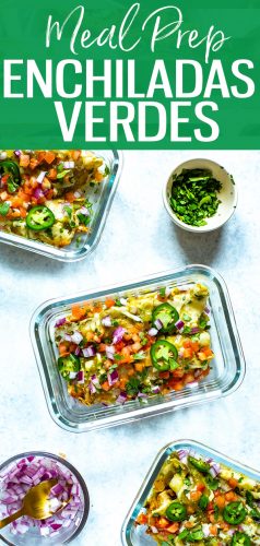 This Chicken Enchiladas Verdes recipe is made with tomatillo-based salsa verde and comes together as an easy dinner casserole - it also works great as flavourful meal prep lunches! #greenenchiladas #enchiladasverdes #chicken