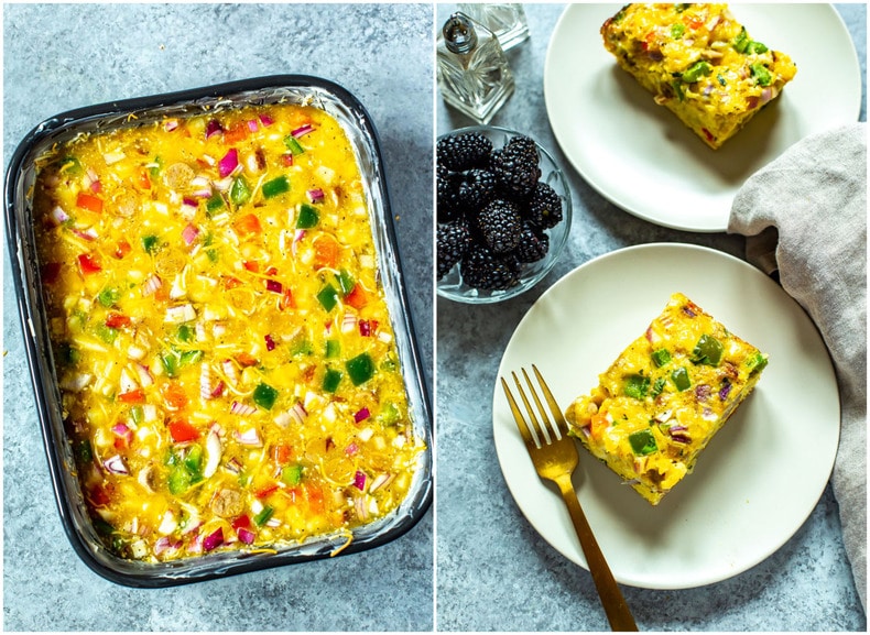 baked egg casserole with two servings of egg casserole on plates
