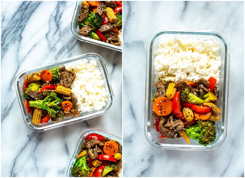 meal prep dinners with beef, vegetables, and white rice