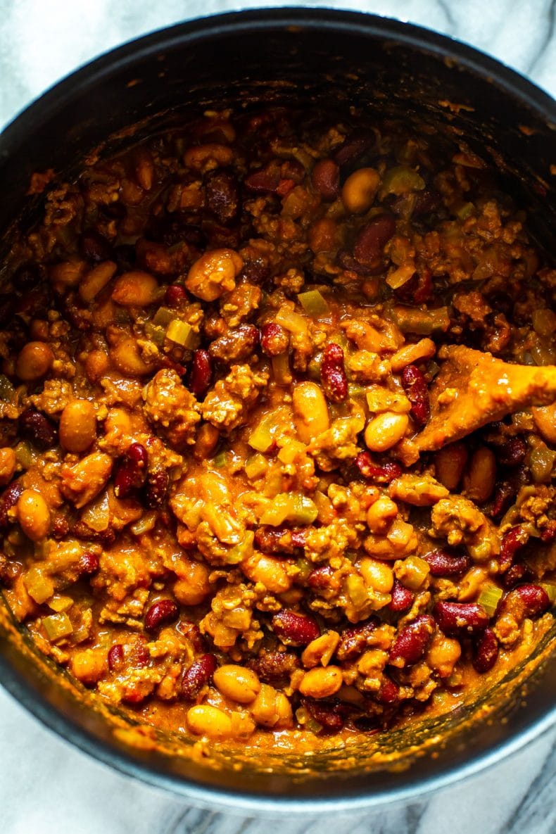 large pot of chili with beans