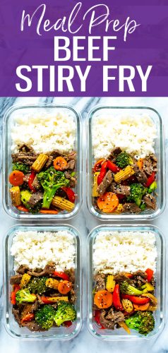 titled photo showing beef stir fry in glass meal prep containers