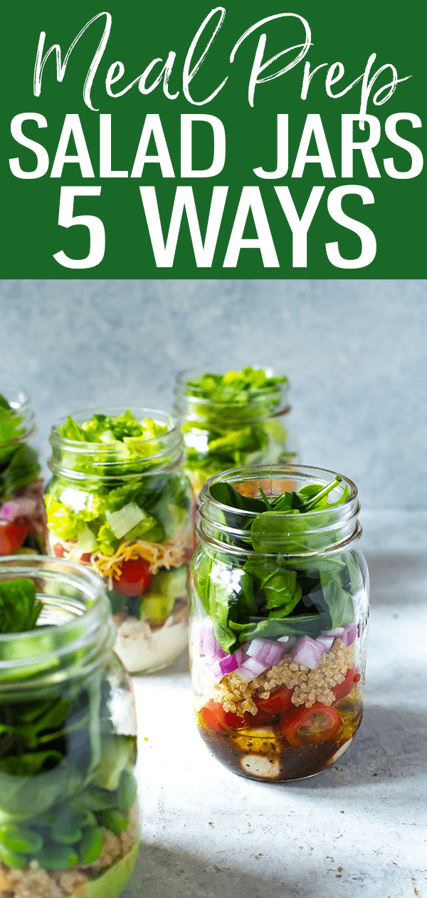 These 5 Mix and Match Mason Jar Salad Recipes make healthy lunches easy – they're great for meal prep and this post will show you what size jar is best! #masonjarsalad #mealprep