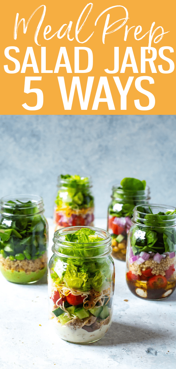 These 5 Mix and Match Mason Jar Salad Recipes make healthy lunches easy – they're great for meal prep and this post will show you what size jar is best! #masonjarsalad #mealprep