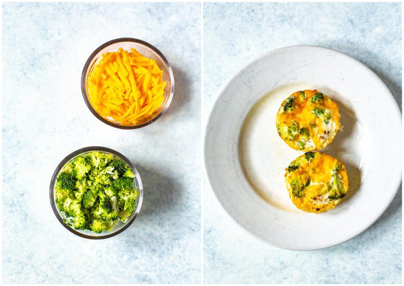 Collage featuring chopped broccoli and grated cheddar next to cooked broccoli cheddar baked eggs.