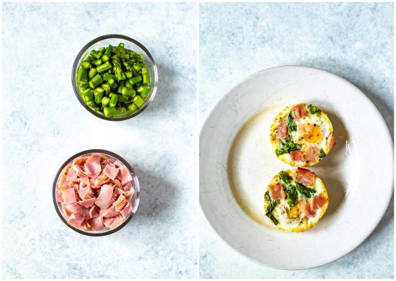 Collage featuring chopped asparagus and chopped deli ham next to cooked ham & asparagus baked eggs.