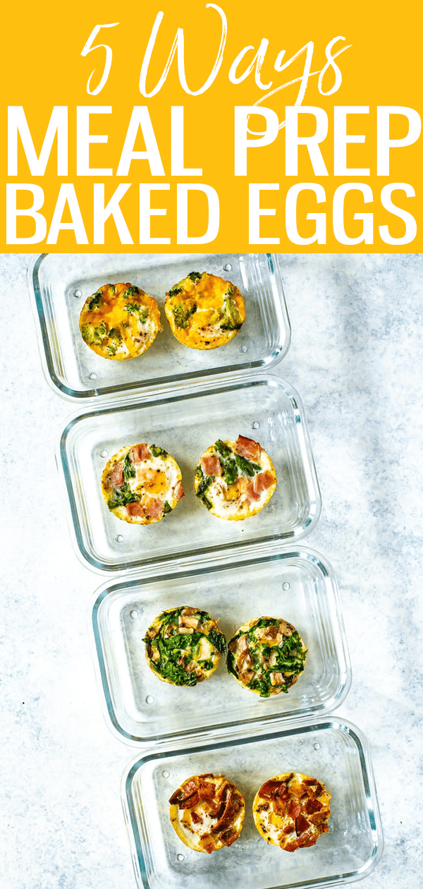 This oven baked eggs recipe shows how to bake eggs 5 ways. Flavors include ham and asparagus, broccoli cheddar and mushroom spinach. #bakedeggs #mealprep