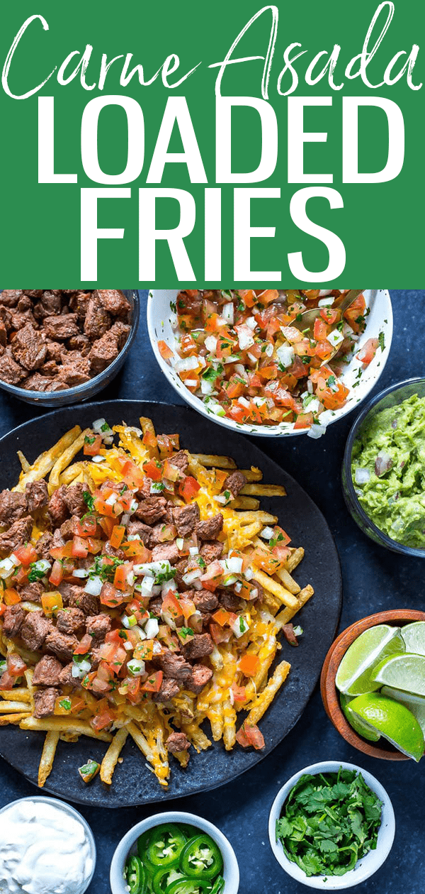Carne Asada Fries are topped with cheese, steak, pico de gallo, guacamole, jalapenos and sour cream - they are the definition of fully loaded! #loadedfried #carneasada