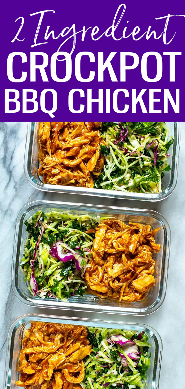 The Easiest 2-Ingredient Crockpot BBQ Chicken with kale slaw is made using just chicken and BBQ sauce – it's perfect for meal prep! #slowcooker #BBQchicken