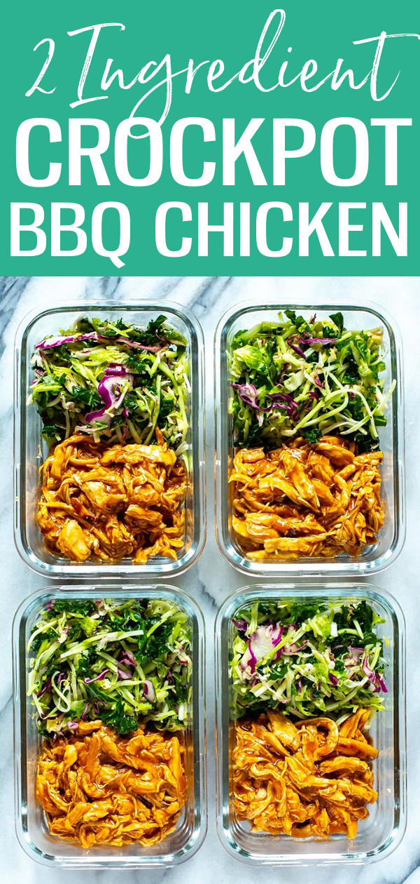 The Easiest 2-Ingredient Crockpot BBQ Chicken with kale slaw is made using just chicken and BBQ sauce – it's perfect for meal prep! #slowcooker #BBQchicken