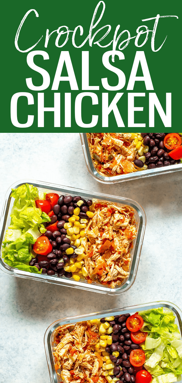 This Crockpot Salsa Chicken comes together with just TWO ingredients - you can use it to make tacos, burrito bowls, salads and more! #salsachicken #crockpot #mealprep