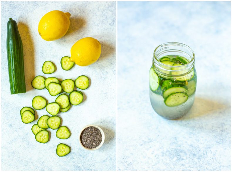 A 2 image collage. Image 1: A lemon, cucumber and chia seeds. Image 2: cucumber lemon water.