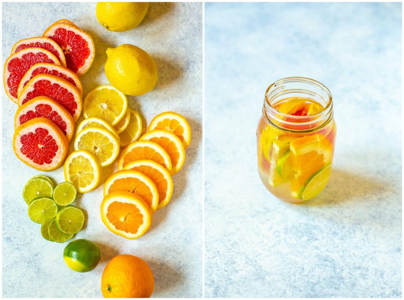 A 2 image collage. Image 1: Sliced up lemon, lime, orange and grapefruit. Image 2: citrus lemon water.