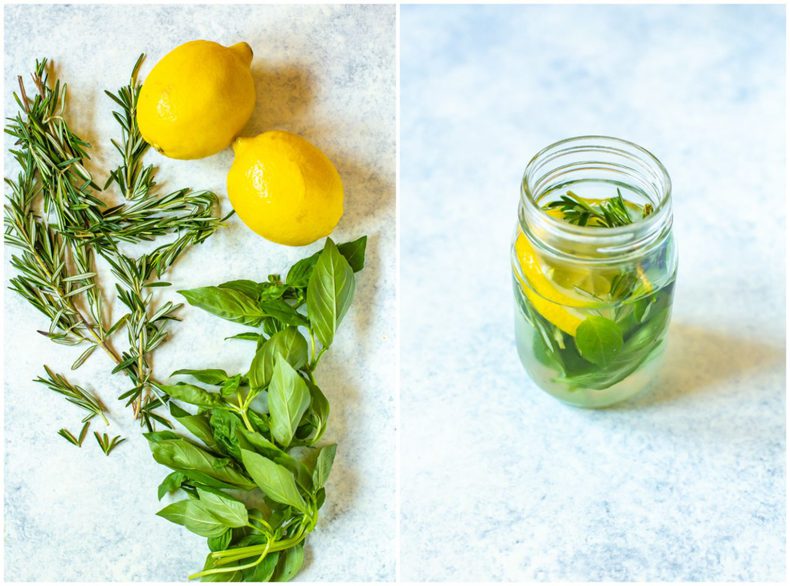 A 2 image collage. Image 1: A lemon, fresh rosemary and fresh basil. Image 2: herb lemon water.
