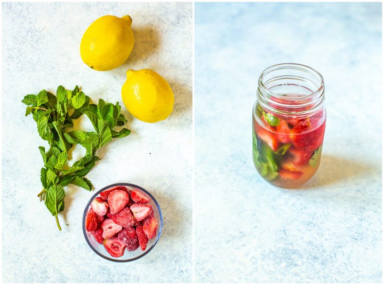 A 2 image collage. Image 1: A bowl of sliced strawberries, mint and lemons. Image 2: strawberry lemon water.