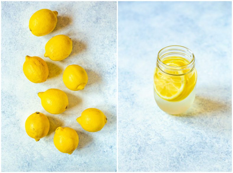 A 2 image collage. Image 1: 8 lemons on a surface. Image 2: lemon water in a mason jar.