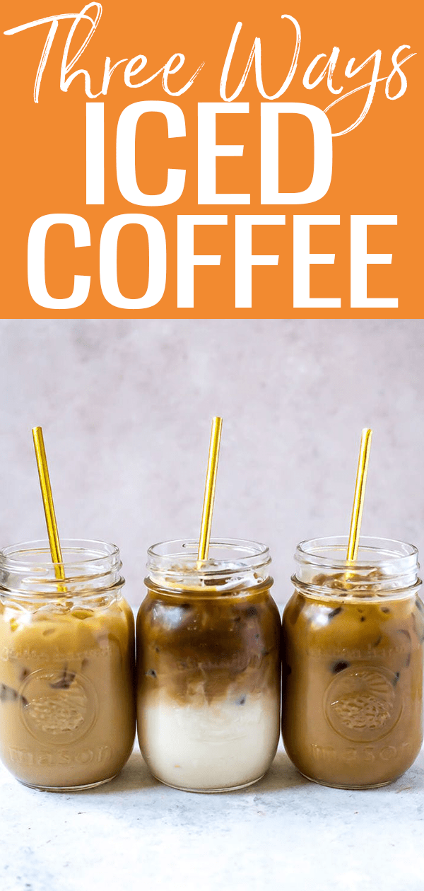 These Iced Coffee Recipes (iced vanilla latte, mocha & caramel machiatto) are AMAZING! Keep the homemade syrups in the fridge all summer! #icedcoffee #threeways