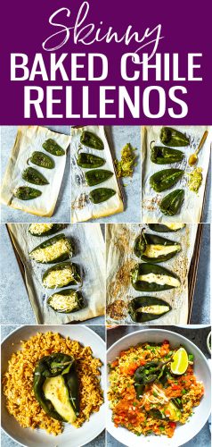 This Skinny Chile Relleno Recipe is a lighter version of the Mexican classic: poblano peppers stuffed with cheese topped with a spicy red sauce #chilesrellenos #poblanopeppers