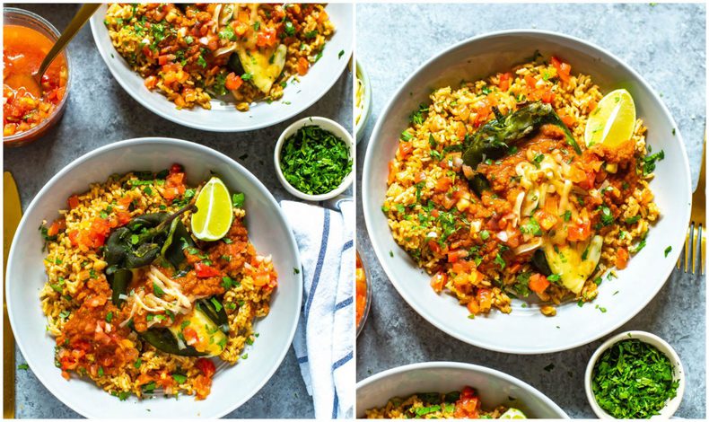 plated Mexican dinner - chili relleno and Spanish rice