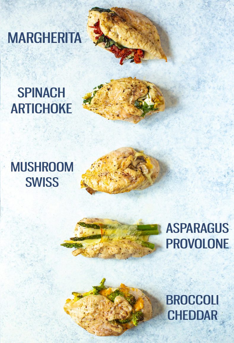 These 5 Delicious Stuffed Chicken Breast Recipes are the best way to eat chicken - there's broccoli cheddar, margherita, spinach artichoke, mushroom onion and asparagus provolone to choose from! #stuffedchicken #chickenbreast