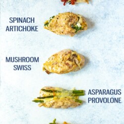 These 5 Delicious Stuffed Chicken Breast Recipes are the best way to eat chicken - there's broccoli cheddar, margherita, spinach artichoke, mushroom onion and asparagus provolone to choose from! #stuffedchicken #chickenbreast