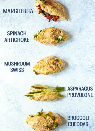 5 Stuffed Chicken Breast Recipes, cooked and labelled.