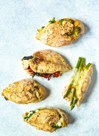 5 different Stuffed Chicken Breast Recipes, cooked.