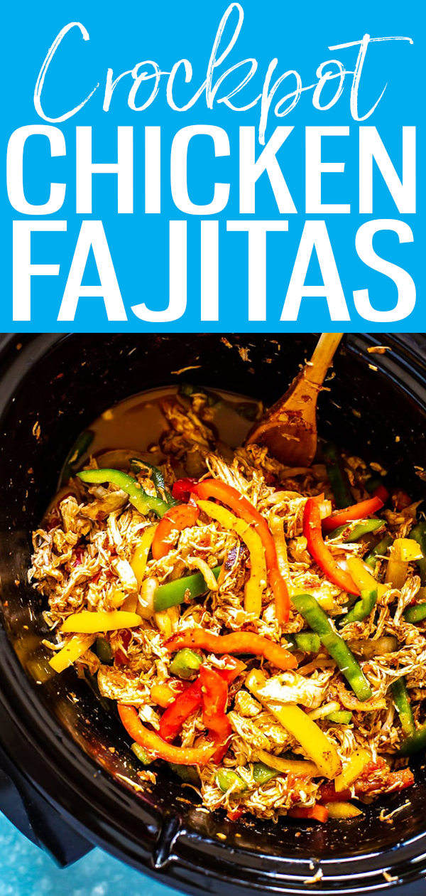 These Crockpot Chicken Fajitas are so perfect for meal prep! Dump in 5 ingredients, then cook for 8 hours - this is the easiest recipe ever! #crockpotrecipe #chickenfajitas