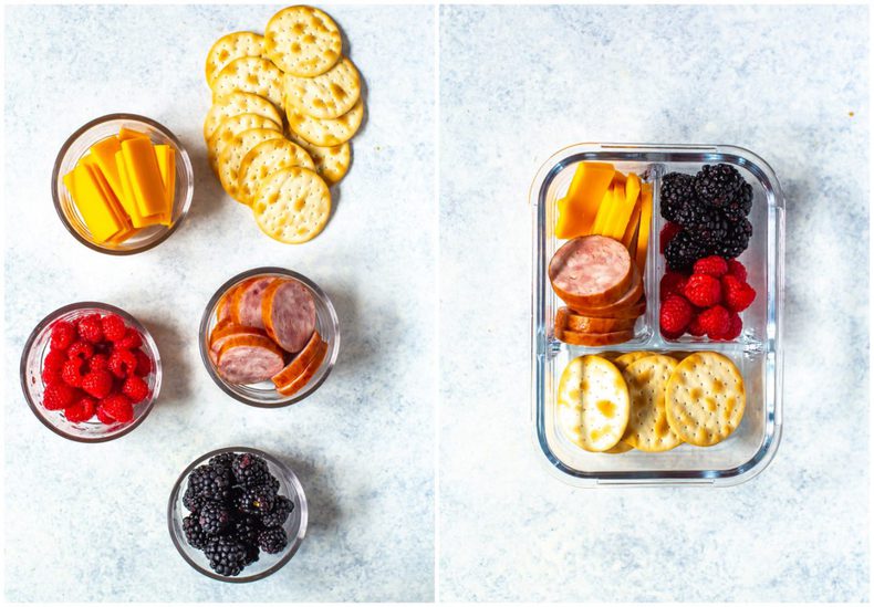 easy lunch idea - meat and cheese with crackers and fresh berries in meal prep container