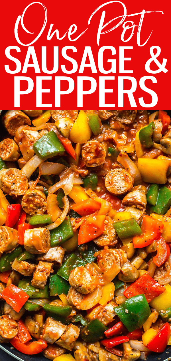 This One Pan Sausage Peppers and Onions is made with turkey sausage, bell peppers, mushrooms and onions tossed in pasta sauce. #sausagepeppers #onepan