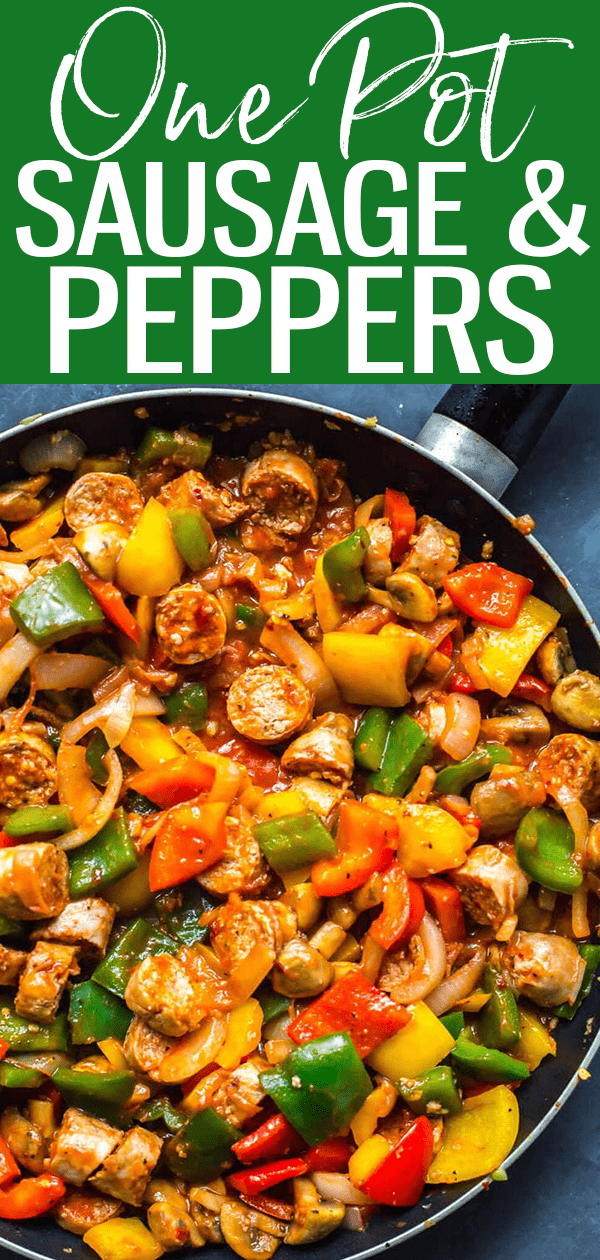 This One Pan Sausage Peppers and Onions is made with turkey sausage, bell peppers, mushrooms and onions tossed in pasta sauce. #sausagepeppers #onepan