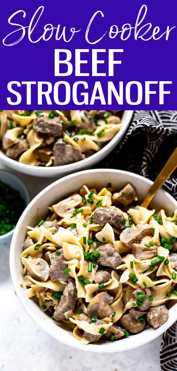 This Crock Pot Beef Stroganoff is the ultimate comfort food made in the slow cooker with sour cream and stewing beef - it's a delicious classic! #slowcooker #beefstroganoff