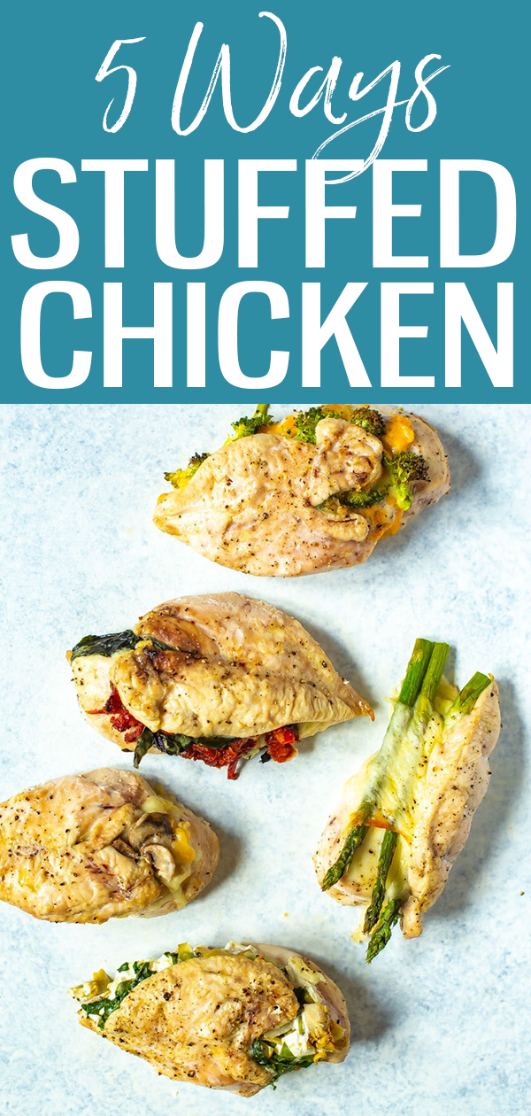 These Stuffed Chicken Breasts are INCREDIBLE! Try broccoli-cheddar, Margherita, spinach-artichoke, mushroom-onion or asparagus-provolone. #stuffedchicken #chickenbreast