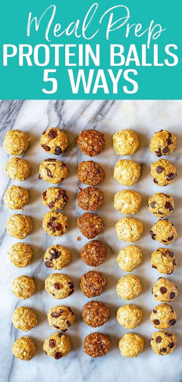 These are the easiest ever protein balls, made 5 ways! They're great meal prep snacks, and you can freeze them - try cookie dough, peanut butter, macaroon, brownie or oatmeal raisin. #proteinballs #energybites #mealprep #snacks