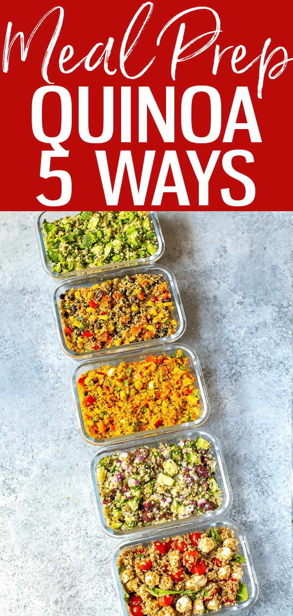 These Quinoa Salad Recipes are full of protein! Choose from 5 flavours: southwest, curried, Mediterranean, caprese, or green goddess. #quinoasalad #mealprep