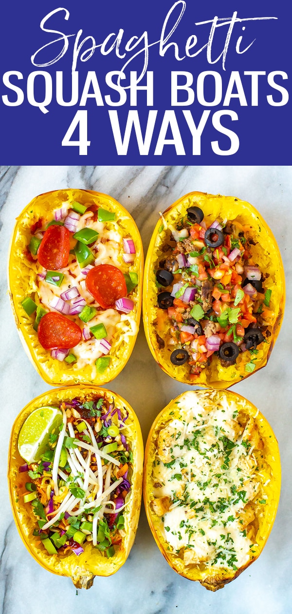 This post will show you How to Cook Spaghetti Squash with 4 different flavours - think pizza, pad Thai, chicken alfredo and taco spaghetti squash boats! #spaghettisquash #lowcarb #fallrecipes