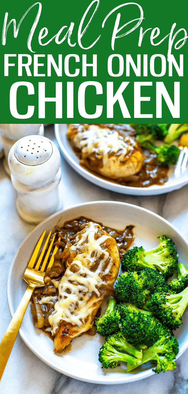 This French Onion Chicken Skillet is a delicious weeknight dinner that is a play on French onion soup and packed with protein, making it a full meal. This will become one of your favorite chicken skillet recipes! #chickenskillet #frenchonionchicken