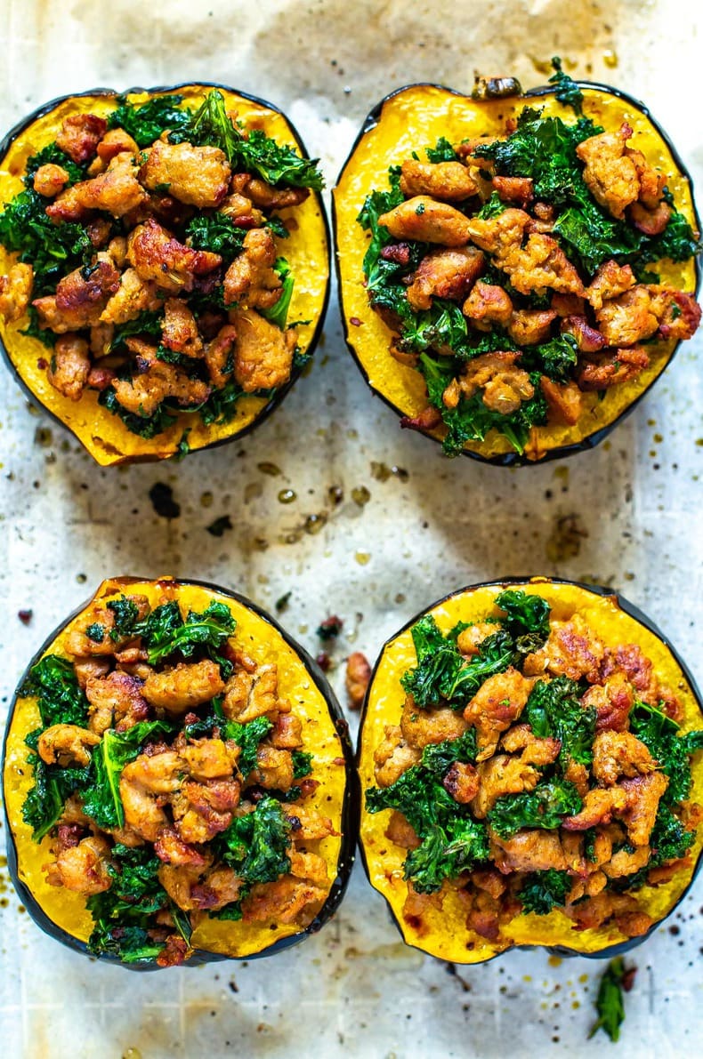 squash stuffed with ground turkey and kale filling