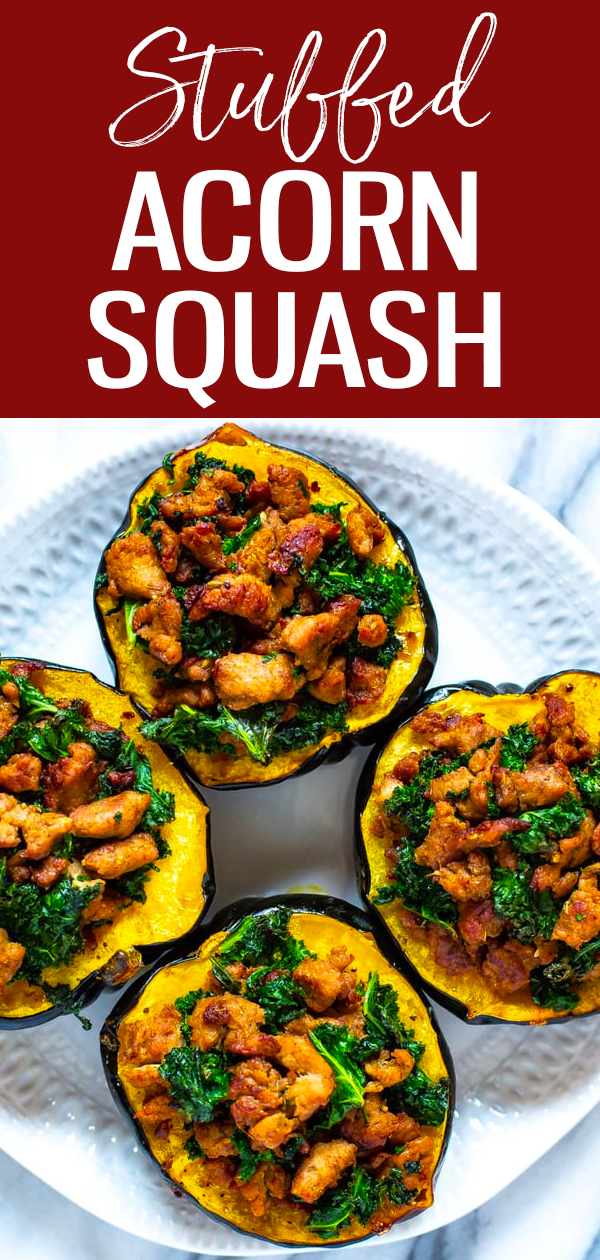 This Stuffed Acorn Squash is the easiest dinner idea, stuffed with just homemade turkey sausage and chopped kale. You'll love these comforting fall flavours!  #stuffedsquash #lowcarb