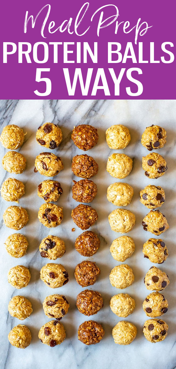 These are the Easiest No Bake Protein Balls. They’re great meal prep snacks and are freezer-friendly with five different flavours! #proteinballs #energybites #mealprep #snacks