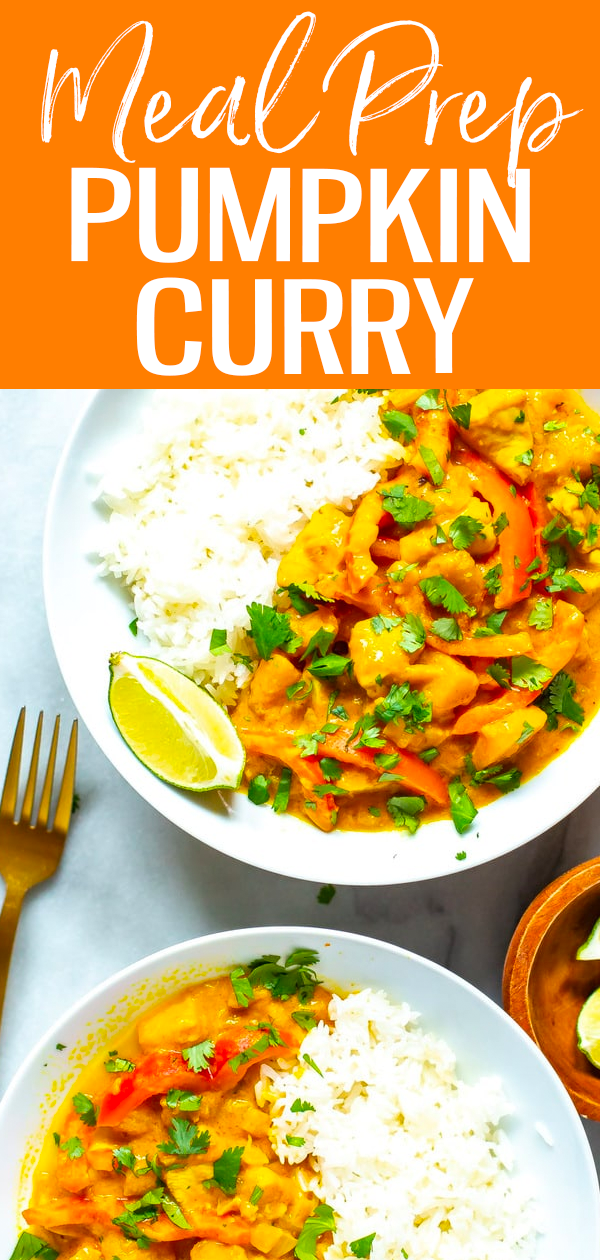 This Thai Pumpkin Curry is made in one pot for an easy fall meal – this spicy dish is flavoured with coconut milk, red curry paste, garlic and ginger. #onepot #mealprep #pumpkincurry