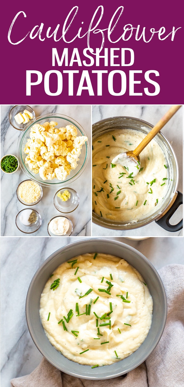 This recipe for Cauliflower Mashed Potatoes is a great low carb alternative to mashed potatoes, and is seasoned with sour cream, parmesan cheese, butter and chives #cauliflower #mashedpotatoes #lowcarb