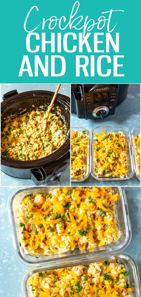 The Creamiest Crockpot Chicken and Rice is so easy to make in your slow cooker - and no soup can is required! Just add frozen veggies, sour cream and cheese. #crockpot #chickenandrice