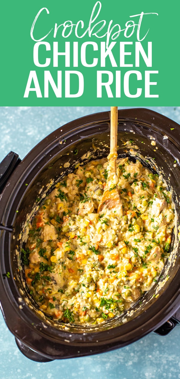 The Creamiest Crockpot Chicken and Rice is so easy to make in your slow cooker - and no soup can is required! Just add frozen veggies, sour cream and cheese. #crockpot #chickenandrice