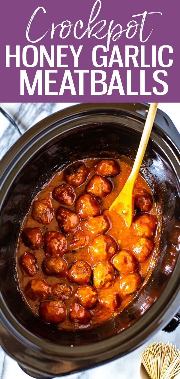 These Honey-Garlic BBQ Crockpot Meatballs are the perfect appetizer idea and come together with less than 10 ingredients - they're also great for meal prep! #crockpot #honeygarlic #meatballs