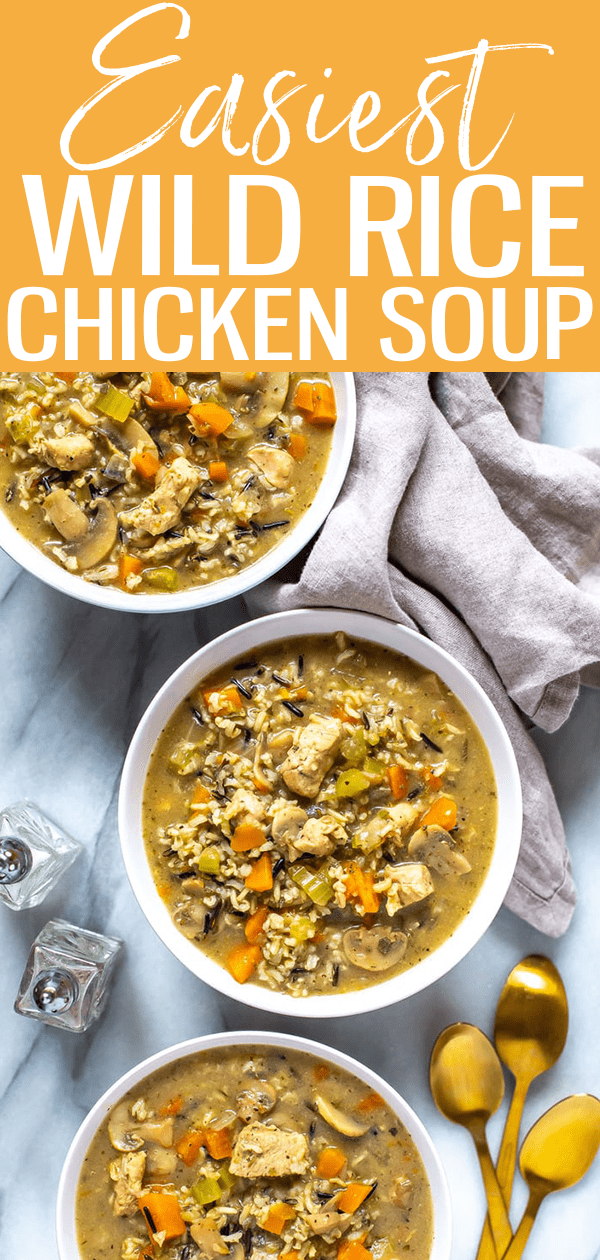 This is the EASIEST Chicken Wild Rice Soup - it comes together in one pot with a wild rice blend, celery, carrots, mushrooms and sage. It's hearty comfort food at its best!  #onepot #chickenwildricesoup