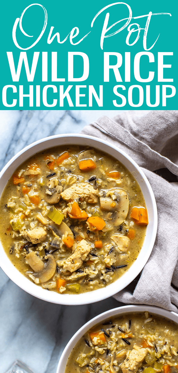 This is the EASIEST Chicken Wild Rice Soup - it comes together in one pot with a wild rice blend, celery, carrots, mushrooms and sage. It's hearty comfort food at its best!  #onepot #chickenwildricesoup