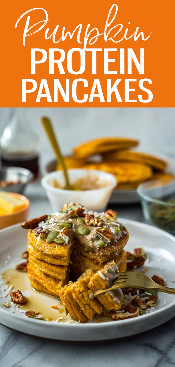 These Freezer-Friendly 5-Ingredient Pumpkin Protein Pancakes are a healthy, delicious breakfast idea that can be reheated in the toaster. #pumpkinpancakes #proteinpancakes