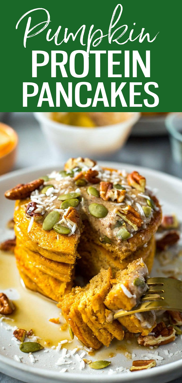 These Freezer-Friendly 5-Ingredient Pumpkin Protein Pancakes are a healthy, delicious breakfast idea that can be reheated in the toaster. #pumpkinpancakes #proteinpancakes