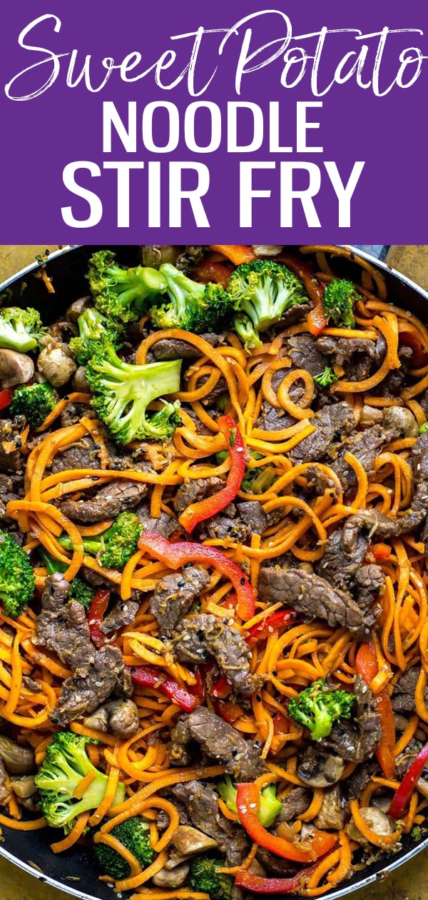 These 30-Minute Ginger Beef Sweet Potato Noodles are so delicious! Using spiralized sweet potato noodles in a stir fry makes this meal come together super quick. #sweetpotatonoodles #stirfry